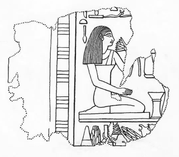 Eine ägyptische Frau sitzt auf einem Thron mit einem friedlichen Gesichtsausdruck, trägt eine traditionelle Kopfbedeckung und Schmuck und hat die Hände gefaltet und die Augen geschlossen.