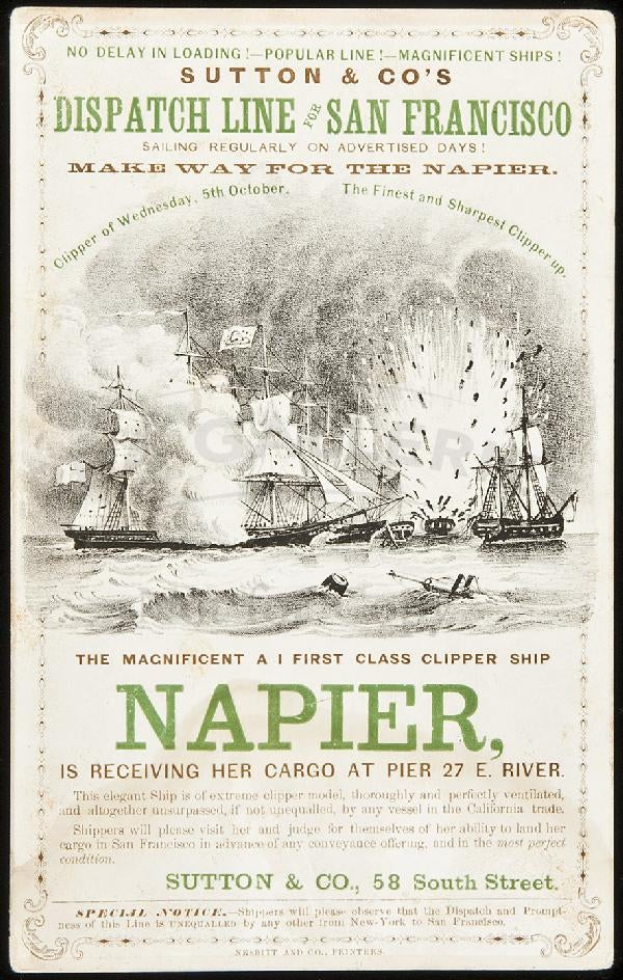 Anzeige für die Napier Clipper-Schiff mit mehreren Schiffen auf dem Wasser und Text auf dunklem Hintergrund.