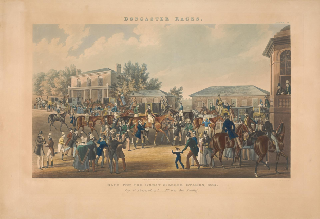 Gruppe von Menschen, die vor einem Gebäude auf Pferden reitet, mit Bäumen und Wolken im Hintergrund und Text 'Doncaster Races, Race for the Great Stakes, 1839' unten.