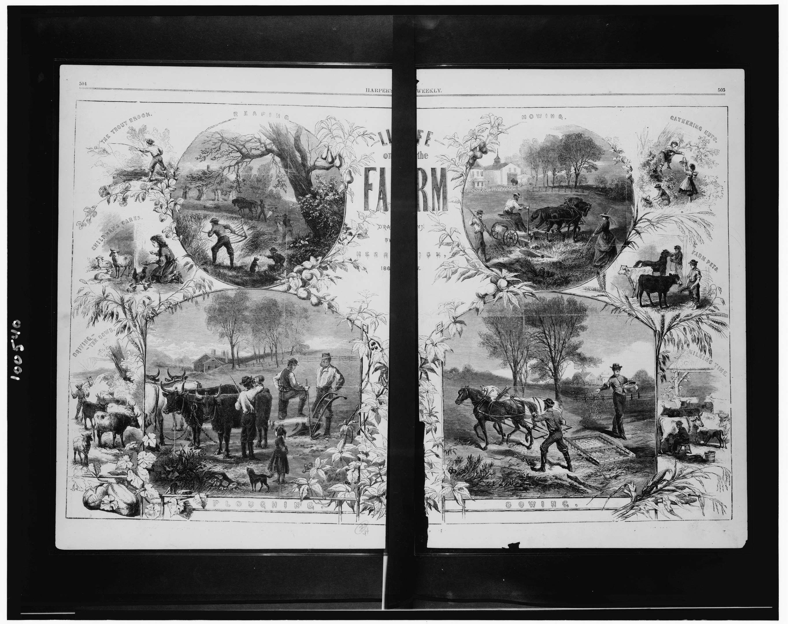 Schwarz-weiß-Foto einer Farm-Szene mit Menschen, die in einem Feld stehen, Tieren im Hintergrund, hohen, grünen Bäumen und fettem Text.