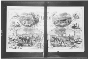 Schwarz-weiß-Foto einer Farm-Szene mit Menschen, die in einem Feld stehen, Tieren im Hintergrund, hohen, grünen Bäumen und fettem Text.