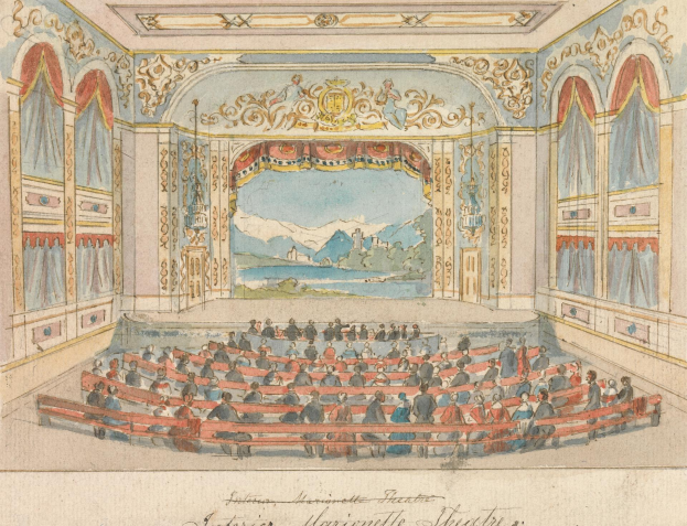 Eine Zeichnung eines Theaters mit einem Publikum im Auditorium, Wände mit detaillierten Entwürfen, eine Decke mit Lichtern und dekorativer Text unten.