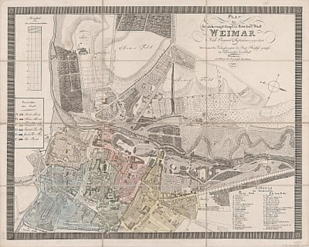 Ausführliche alte Karte von Weimar, Deutschland, mit Straßen, Gebäuden und Sehenswürdigkeiten sowie begleitendem Text über die Stadt.