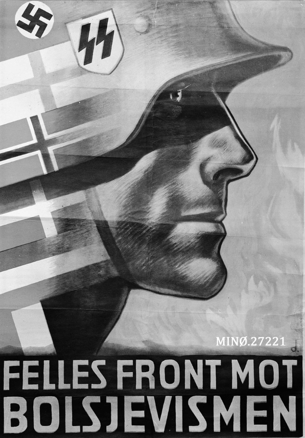 Ein Schwarz-Weiß-Plakat mit einem Mann in einem Helm mit einem Nazi-Symbol, begleitet von einem likely propagandistischen Text.