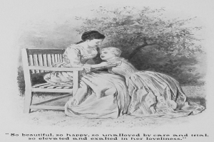 Eine Frau und ein Kind sitzen auf einer Bank mit einem Baum im Hintergrund, begleitet von Text unten.