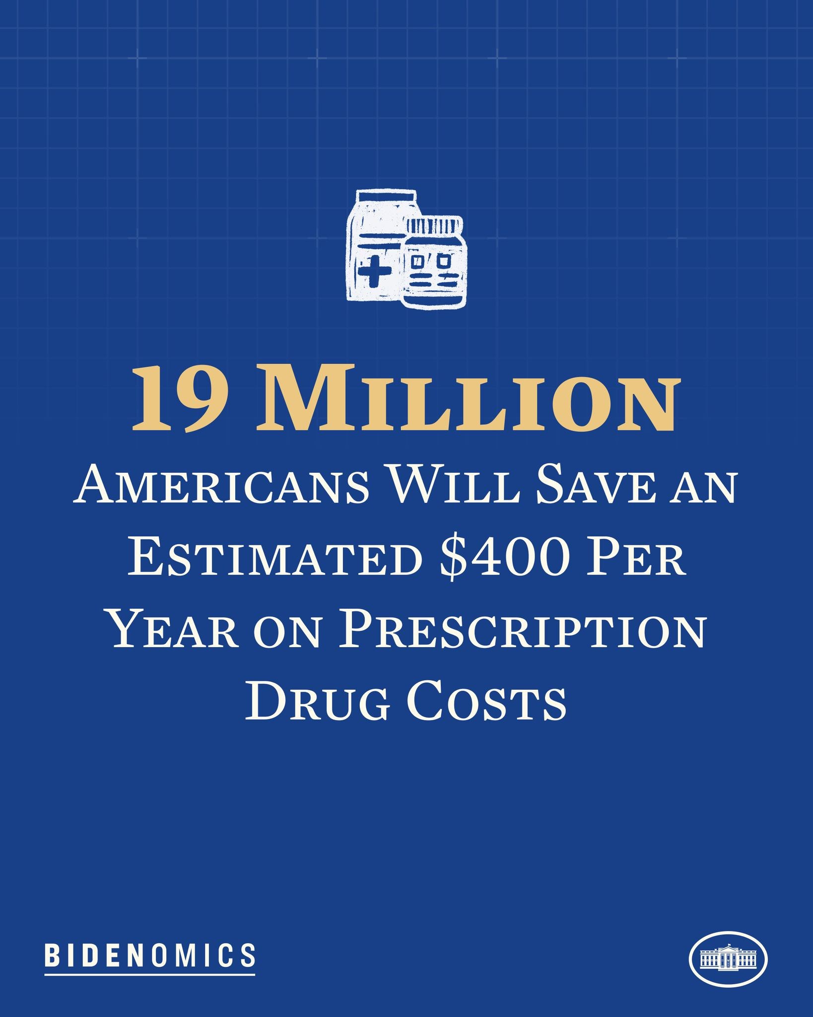 Blauer Hintergrund mit weißer Schrift und einem Logo, das besagt: "19 Millionen Amerikaner sparen geschätzt 400 Dollar pro Jahr an Arzneimittelkosten."