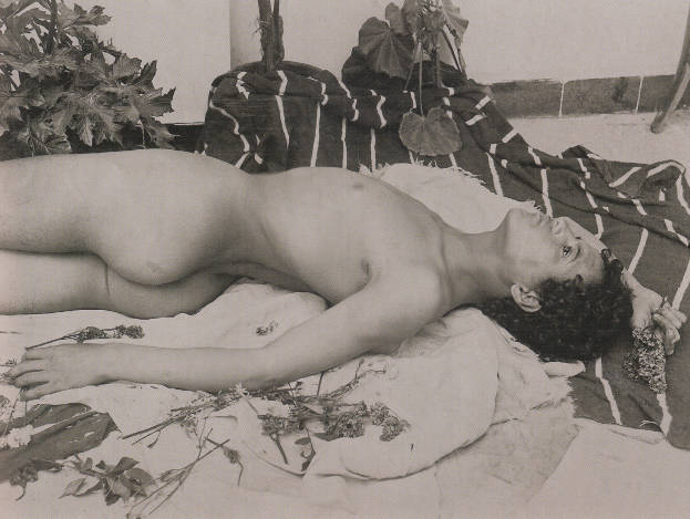 Eine nackte Frau auf einer Decke neben einer Pflanze liegend, mit einer Wand im Hintergrund, auf einem Schwarz-Weiß-Foto.