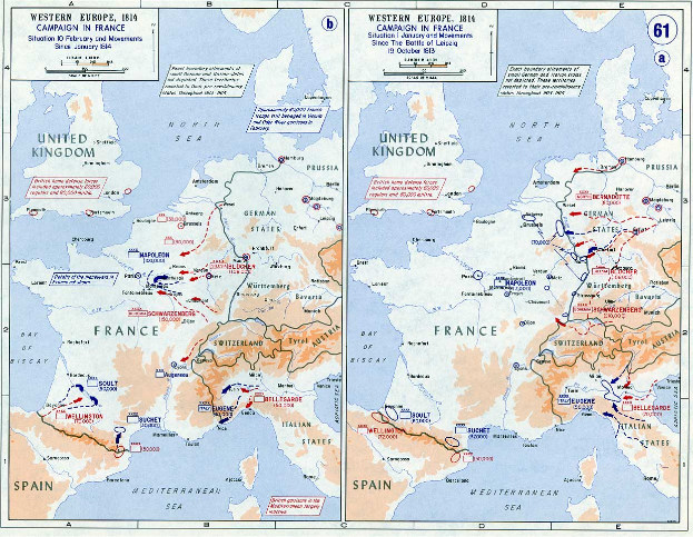 Eine Karte von Europa während der Schlacht von Leipzig, unterteilt in Abschnitte, die verschiedene Regionen darstellen, mit Text, der Städte, Ortschaften und geografische Merkmale angibt.