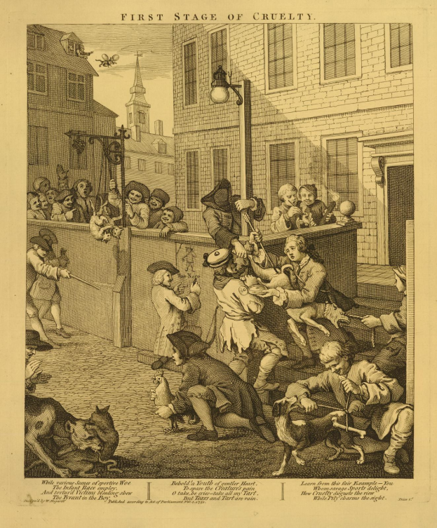 Eine handgezeichnete Papiertischvorlage, die eine Szene von Menschen und Tieren vor einem Gebäude mit Fenstern und einer Straßenlaterne zeigt, mit der Beschriftung "Erste Stufe der Grausamkeit" unten.