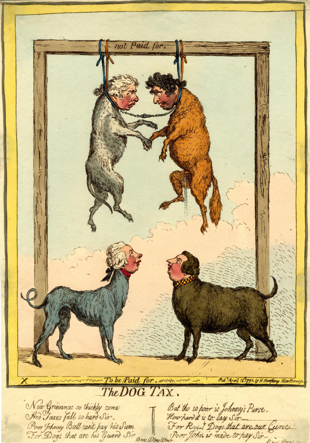 Ein Cartoon eines Mannes in Hut und langem Mantel, der an einem Seil zwischen zwei Hunden vor einer Tür hängt, mit dem Text "Die Hundesteuer" unten.