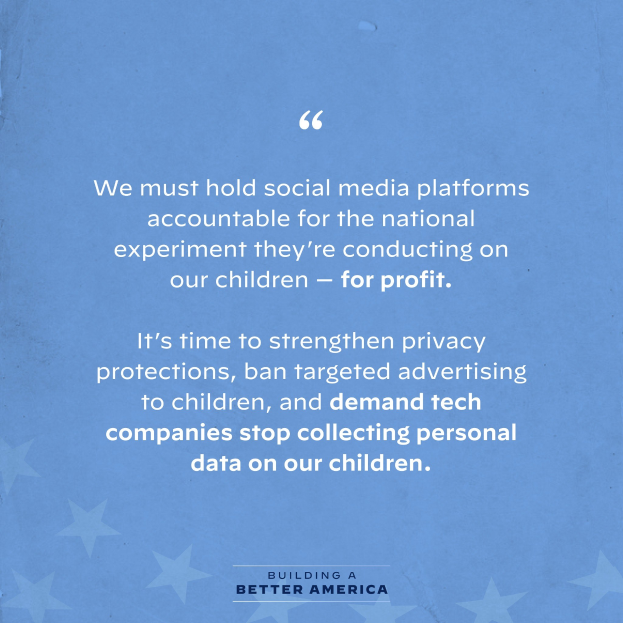 Plakat mit einem Zitat aus Building a Better America, das die Verantwortung von Social-Media-Plattformen für ihren Einfluss auf Kinder betont, verziert mit Sternen.