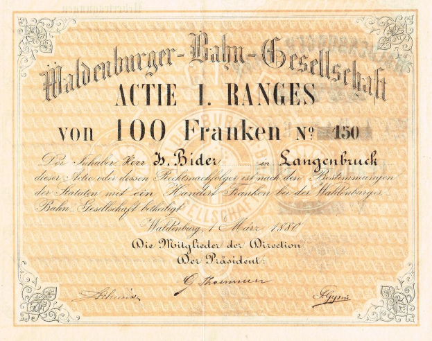 Alte deutsche Banknote mit einem Mannporträt, mit Text "Haldenburger-Balm Gesellschaft Actie 1 Ranges" auf altem Papier.
