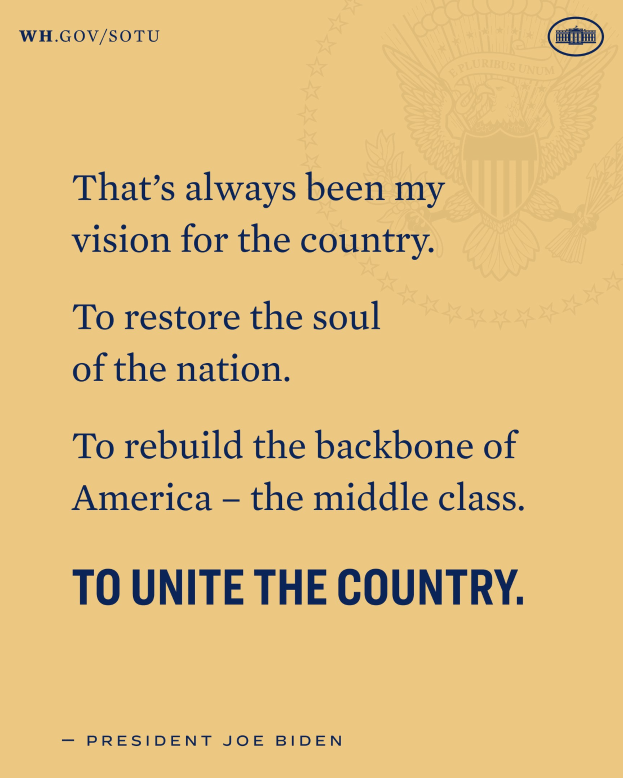 Plakat mit einem Zitat des Präsidenten Joe Biden, das besagt: "Das war immer meine Vision für das Land, das Seelenheil der Nation wiederherzustellen, den Rücken der USA zu stärken - die Mittelschicht zu vereinen."