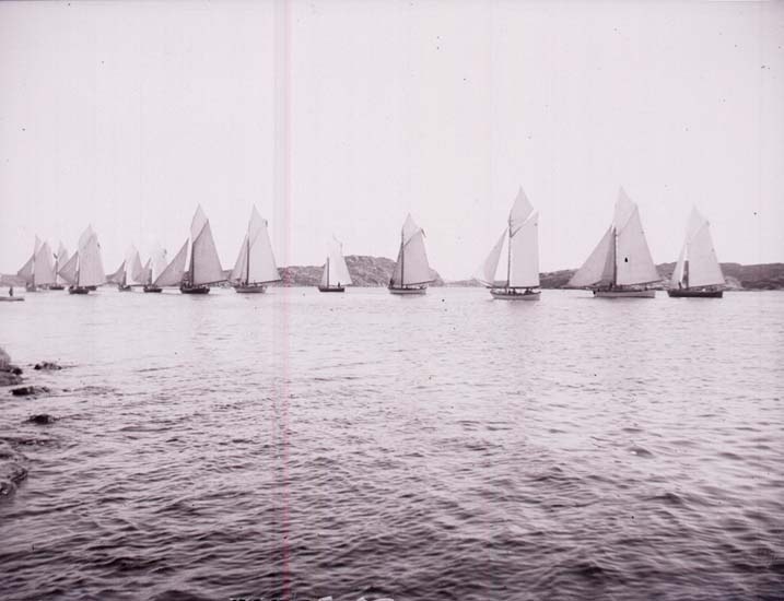 Schwarzes und weißes Foto von Segelbooten auf dem Wasser mit Hügeln im Hintergrund, klarem Himmel darüber und 'New York Yacht Club'-Text unten.