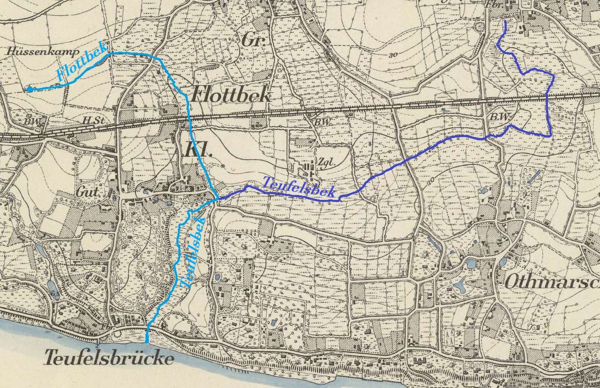 Detailiertes altes Stadtplan von Teufelsbrücke mit einer blauen Linie, die hindurchläuft und Straßen, Gebäude und Sehenswürdigkeiten zeigt.
