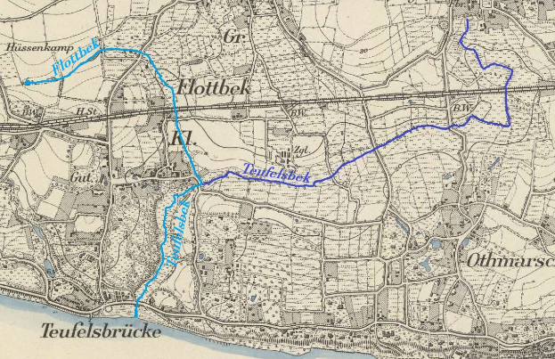 Detailiertes altes Stadtplan von Teufelsbrücke mit einer blauen Linie, die hindurchläuft und Straßen, Gebäude und Sehenswürdigkeiten zeigt.