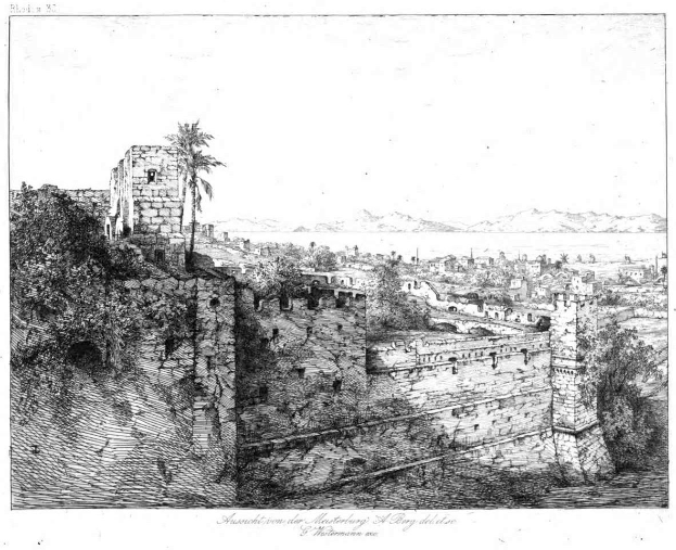 Schwarze und weiße Zeichnung einer Stadt mit einem Schloss im Hintergrund, umgeben von Bäumen, Gebäuden, Hügeln und einem klaren Himmel, mit dem Text "Auschwitz-Birkenau, Polen" unten.