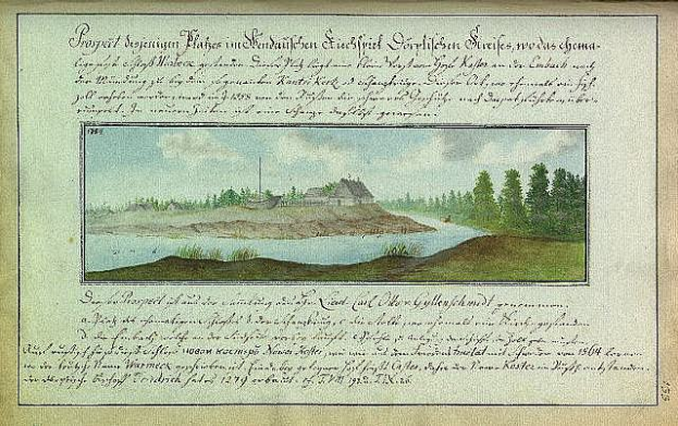 Ein altes Buch mit einer Zeichnung eines Flusses, eines Hauses, Bäume, Gras und einen wolkenverhangenen Himmel, betitelt "Deutsche Landschaften, Landschaft und Landschaft Deutschlands, 18. Jahrhundert".