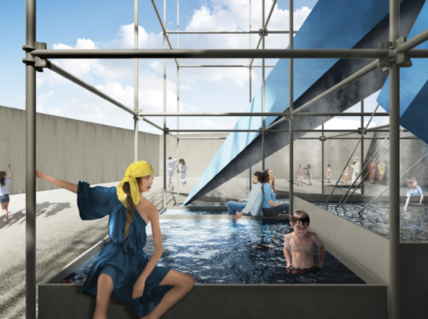 Eine digitale Kunstabbildung eines Schwimmbads mit einem Kind, das schwimmt, umgeben von Eisenstangen oben und einer Wand auf der linken Seite.