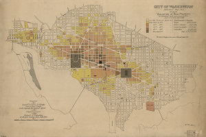 Alte Karte von Washington, D.C. mit detaillierten Straßen, Parks und Sehenswürdigkeiten, annotiert mit fettem Text zur Bewertung von Immobilieneigentum.