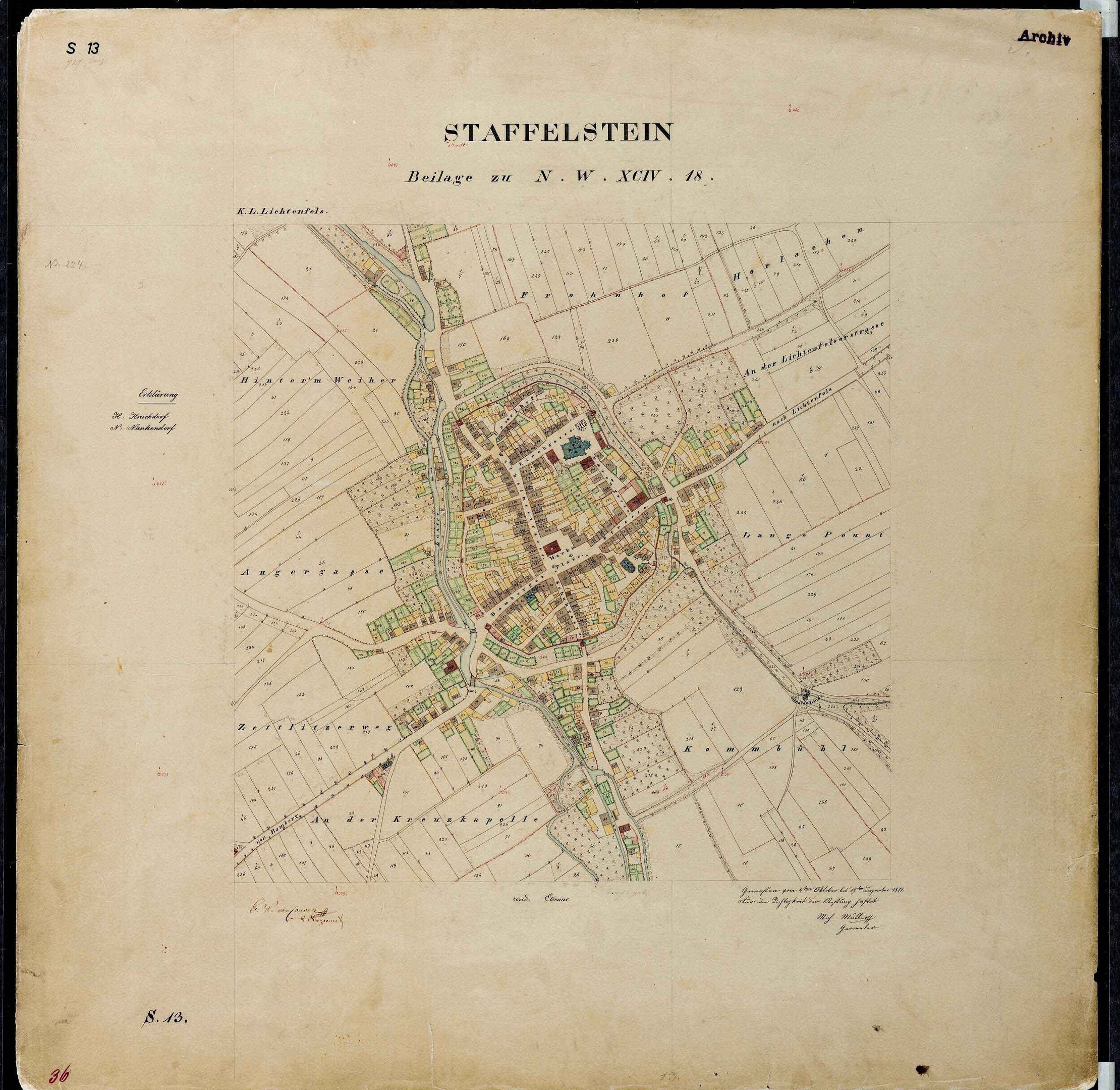 Alte detaillierte Karte von Staffelstein, Deutschland auf schwarzem Hintergrund, die Straßen, Gebäude und Sehenswürdigkeiten zeigt.
