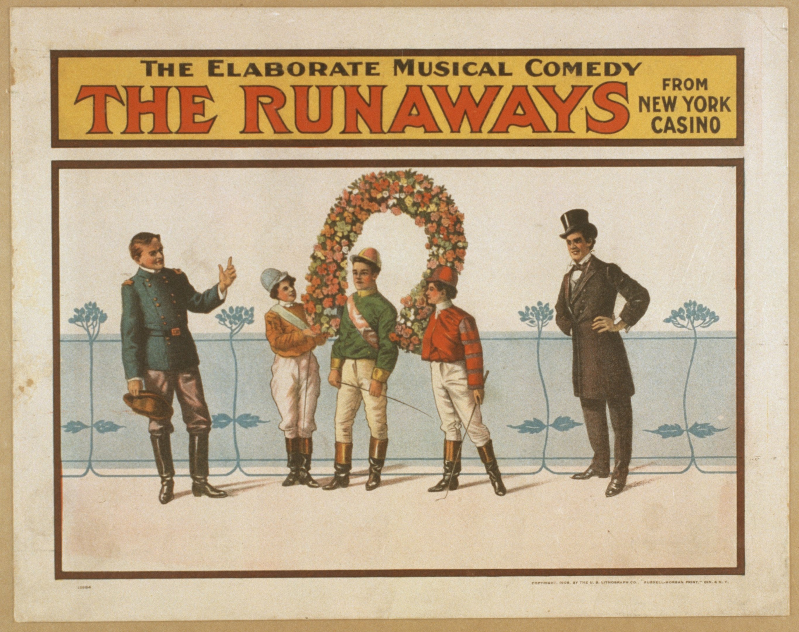 Plakat für "Elaborate Musical Comedy Runaways" im New Yorker Casino, das eine Gruppe von Menschen in einer Reihe zeigt, wobei einer einen Blumenstrauß hält und Text, der die Komödie beschreibt.