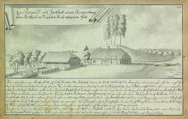 Ein verblichenes Dokument mit der Aufschrift "Surgensburg, Deutschland - Landschaft eines Hofes" zeigt eine ländliche Szene mit einem Bauernhof in einem Feld, umgeben von Häusern, Bäumen und einem bewölkten Himmel.