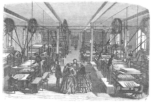 Eine Schwarz-Weiß-Zeichnung einer Fabrikszene mit dem Titel "The Cotton Mill, London, England, 1876", die Arbeiter, Maschinen und verschiedene Gegenstände zeigt.