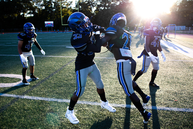 Junge Männer in Helmen und Fußballschuhen spielen auf einem Rasenfeld mit Bäumen und einem klaren blauen Himmel im Hintergrund.