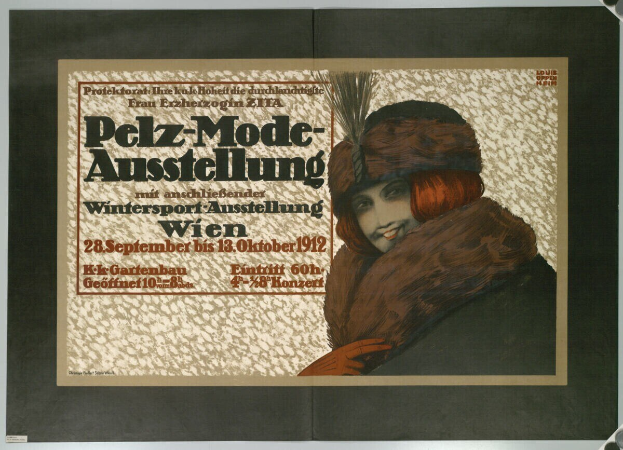 Ein Plakat für ein Wintersportevent in Wien, Österreich, das eine lachende Frau in einem Pelzmantel und Hut mit Eventdetails zeigt.