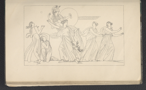 Ein Buchumschlag mit einer leuchtenden Illustration einer Gruppe tanzender Frauen in energischen, synchronisierten Posen mit detaillierter Kleidung und Gesichtsmerkmalen.