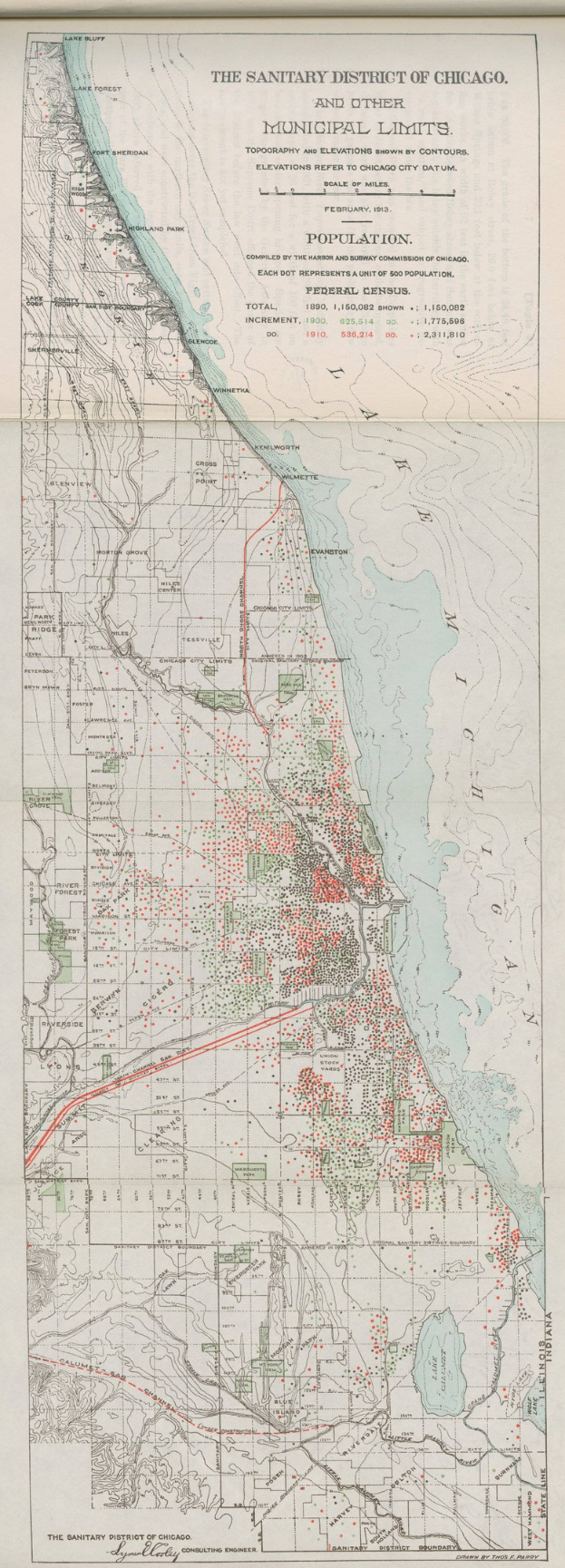 Schwarz-weiß-Karte des Sanitärbezirks von Chicago, die die städtischen Grenzen und Textdetails zeigt.