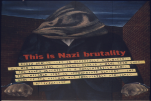Ein Plakat an einer Wand mit einer Person in einer schwarzen Kapuzenjacke und Maske mit einem strengen Gesichtsausdruck, darüber in fetter weißer Schrift geschrieben: "Das ist Nazi-Gewalt"