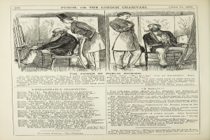 Ein altes Buchcover mit einem Mann in einem Anzug, der in einem Stuhl sitzt und nachdenklich schaut, und einer Frau, die neben ihm steht und ebenfalls nachdenklich schaut, mit der Aufschrift "Die Macht der öffentlichen Meinung" auf dem Buch.