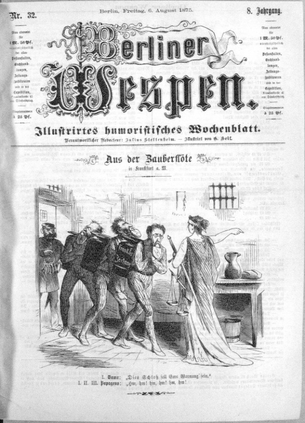 Schwarze und weiße Zeitungsausschnitte mit der Überschrift "Berliner Wespen, 6. August 1875" zeigen eine besorgte Gruppe von Menschen, einige schauen ängstlich nach oben und andere verwirrt nach unten.