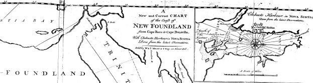 Eine detaillierte Schwarz-Weiß-Karte von Neufundland, die geografische Merkmale wie Flüsse, Berge und Städte zeigt, mit begleitendem Text, der zusätzliche Informationen über die Region und ihre Bewohner liefert.