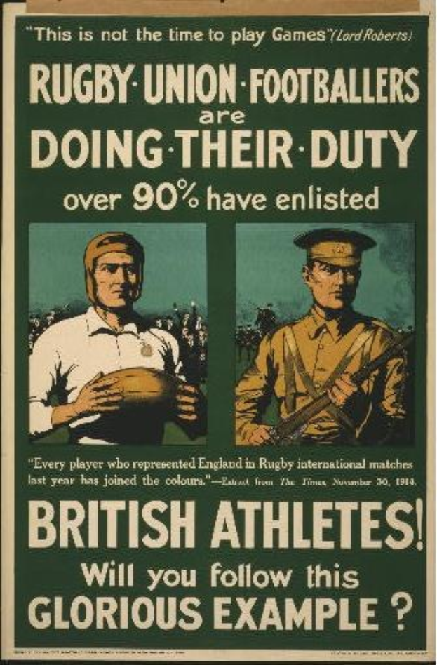 Plakat mit zwei Rugby-Union-Fußballern in Uniform, mit Text über britische Athleten, die sich verpflichten und ihre Pflichten erfüllen.