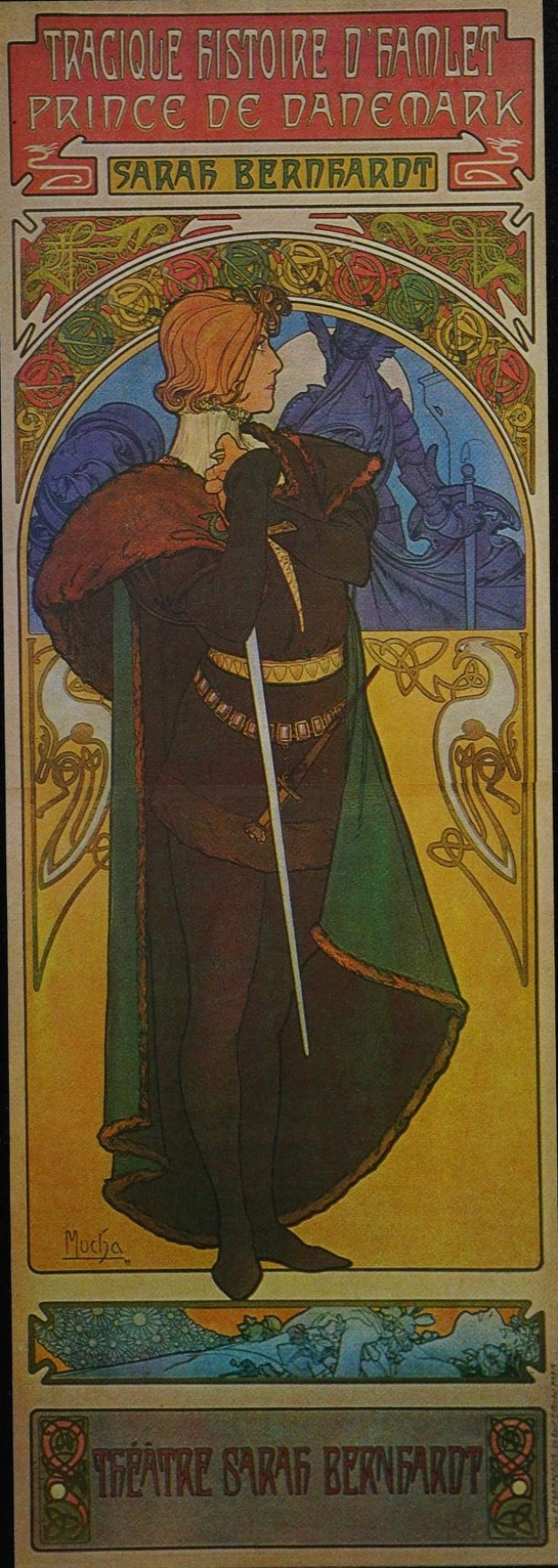 Plakat für Sarah Bernhardts Stück mit einem Mann in einem grünen Umhang, der ein Schwert hält, vor einem tiefblauen sternenklaren Hintergrund.