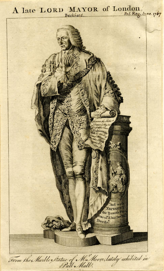 Eine Statue eines ehemaligen Lord Mayor von London, gekleidet in einen langen Mantel und Hut, hält ein Papier in den Händen und steht auf einem Sockel mit eingravierter Inschrift, blickt ernst zur Seite.