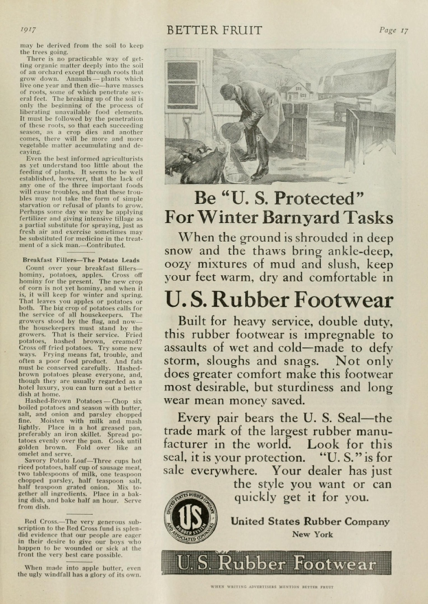 Werbung für U.S. Gummi-Schuhe mit einem Mann, der die Schuhe trägt und begleitendem Text.