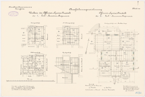 Ein detaillierter Grundrissplan des ehemaligen Bundeskanzleramts in der Bundesrepublik Deutschland, der architecturale Layouts und Textanmerkungen zeigt.
