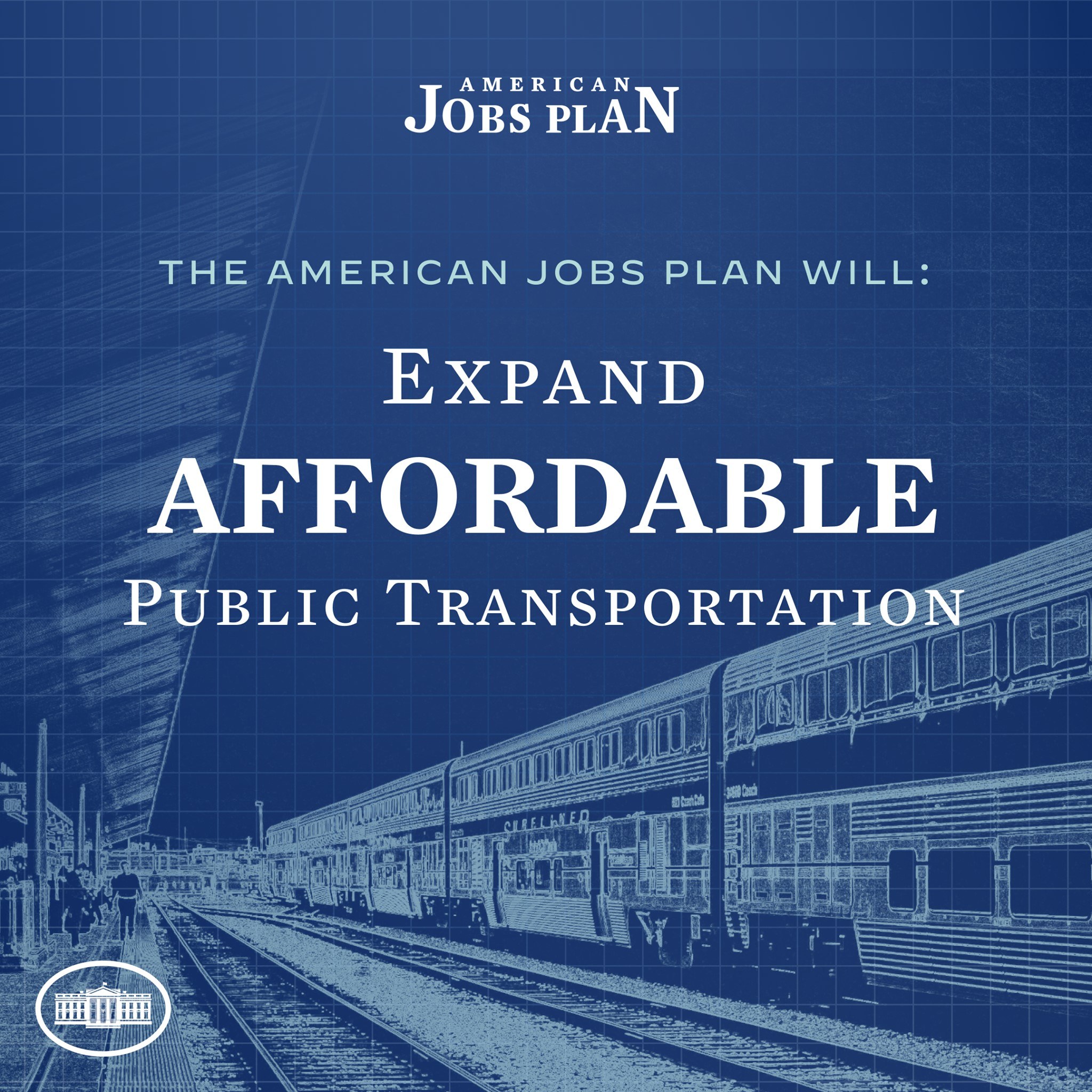 Plakat mit einem Zug auf Schienen mit Menschen in der Nähe, das "The American Jobs Plan Will Expand Affordable Public Transportation" bewirbt.