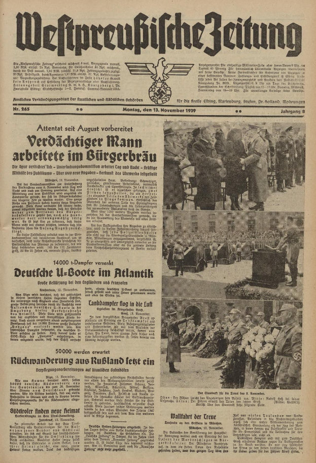 Schwarze und Weiße Titelseite einer deutschen Zeitung vom 13. November 1939 mit der Überschrift "Weitpreubliche Zeitung" und einem Foto von Menschen in traditioneller deutscher Tracht in einer feierlichen Umgebung.