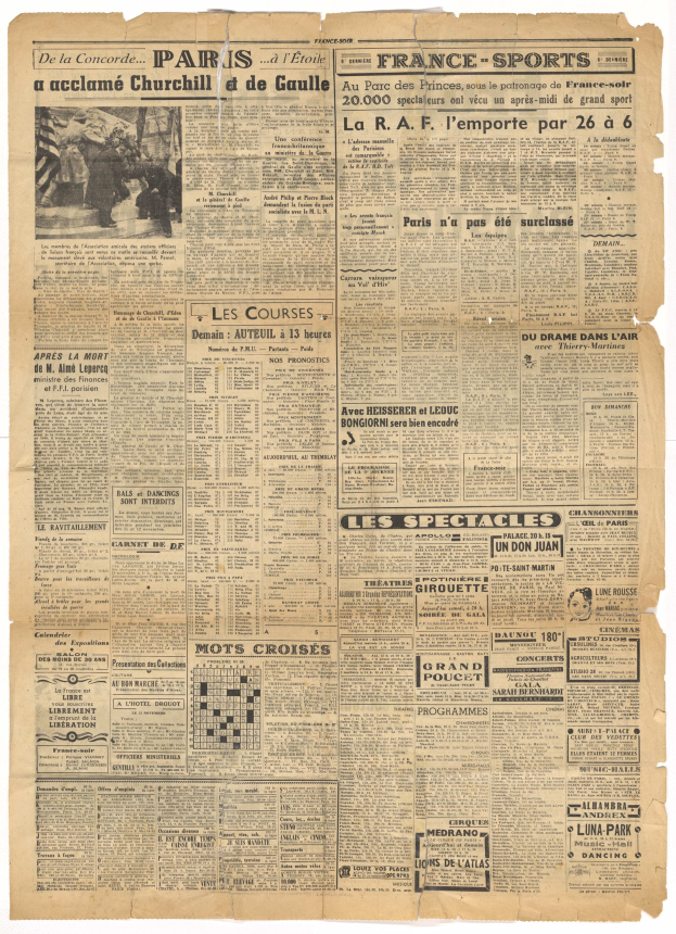 Gelblicher alter Zeitungsausschnitt mit einer Kursiv-Kreuzworträtselei, Rätselelemente verstreut über die Seite.