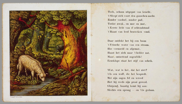 Offenes Buch mit einer Illustration eines Schafs, das in einem bewaldeten Gebiet grast, umgeben von Bäumen, Pflanzen und Wasser, mit einem Text auf der rechten Seite, der 'Die Geschichte des Schafs' lautet.