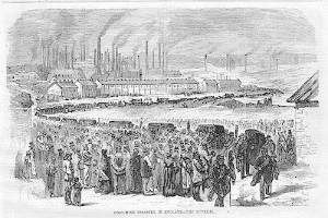 Schwarze und weiße Zeichnung von Menschen, die vor einer Fabrik mit Häusern und Rauch aus Schornsteinen im Hintergrund stehen, mit Text 'Kohlebergbau-Katastrophe in England das Ende' unten.