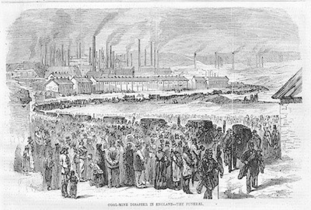 Schwarze und weiße Zeichnung von Menschen, die vor einer Fabrik mit Häusern und Rauch aus Schornsteinen im Hintergrund stehen, mit Text 'Kohlebergbau-Katastrophe in England das Ende' unten.