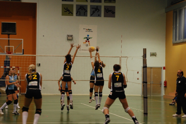 Ein Volleyballfeld mit aktiv spielenden Spielern, im Hintergrund ist ein Basketballkorb, Fenster und eine Tür zu sehen.