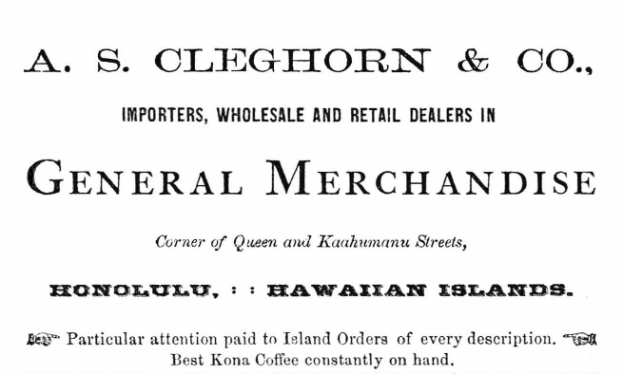 Ein Schwarz-Weiß-Blatt mit der Aufschrift "A.S. Cleghorn & Co. Importeure, Groß- und Einzelhandelsgeschäfte für allgemeine Handelswaren"