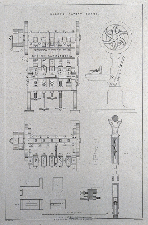 Eine detaillierte Zeichnung einer hydraulischen Pressmaschine mit einem prominenten Rad, begleitet von erklärendem Text auf altem Papier.